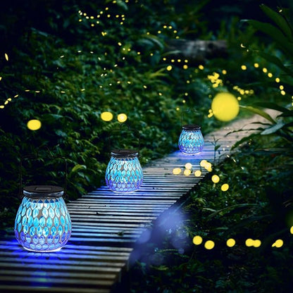 Bshine Mosaic Solar Lantern Outdoor Hanging Waterproof, Blue Mosaic Light Indoor Decorative Table, Garden Decor for Yard Outside, Path, Courtyard, Lawn, Birthday Gift for Mom Women Gardening, Antique
