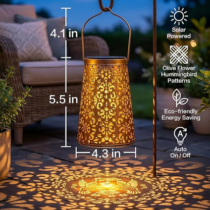 LeiDrail 4 Pack Solar Lanterns Outdoor Waterproof, Hummingbird & Flower Hanging Vintage Metal Lantern, Auto On/Off Garden Patio Yard Porch Pathway Decor, Gifts for Women Mom Grandma