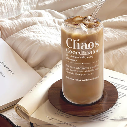 Chaos Coordinator 16oz Can Glass Tumbler with Bamboo Lid & Straw, Iced Coffee Cup for Female Coworker Friends Colleagues