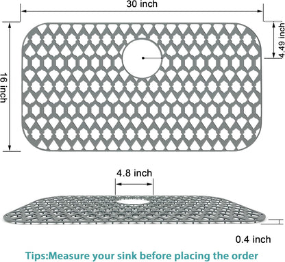 Sink Protectors for Kitchen Sink 19x14 & 21x16 & 26x14 & 28x14.4 & 30x16, Large Silicone Sink Mats Grid for Bottom of Farmhouse Stainless Steel Sink (30”x16”, Rear Drain)