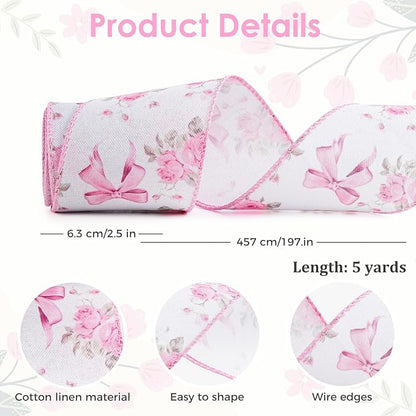4 Rolls Pink Floral Wired Ribbon Set - 2.5 Inch Wide, 20 Yards Total – Rose Patterned Pink and White Vintage Satin Ribbon for Crafts, Spring, and Floral Decor