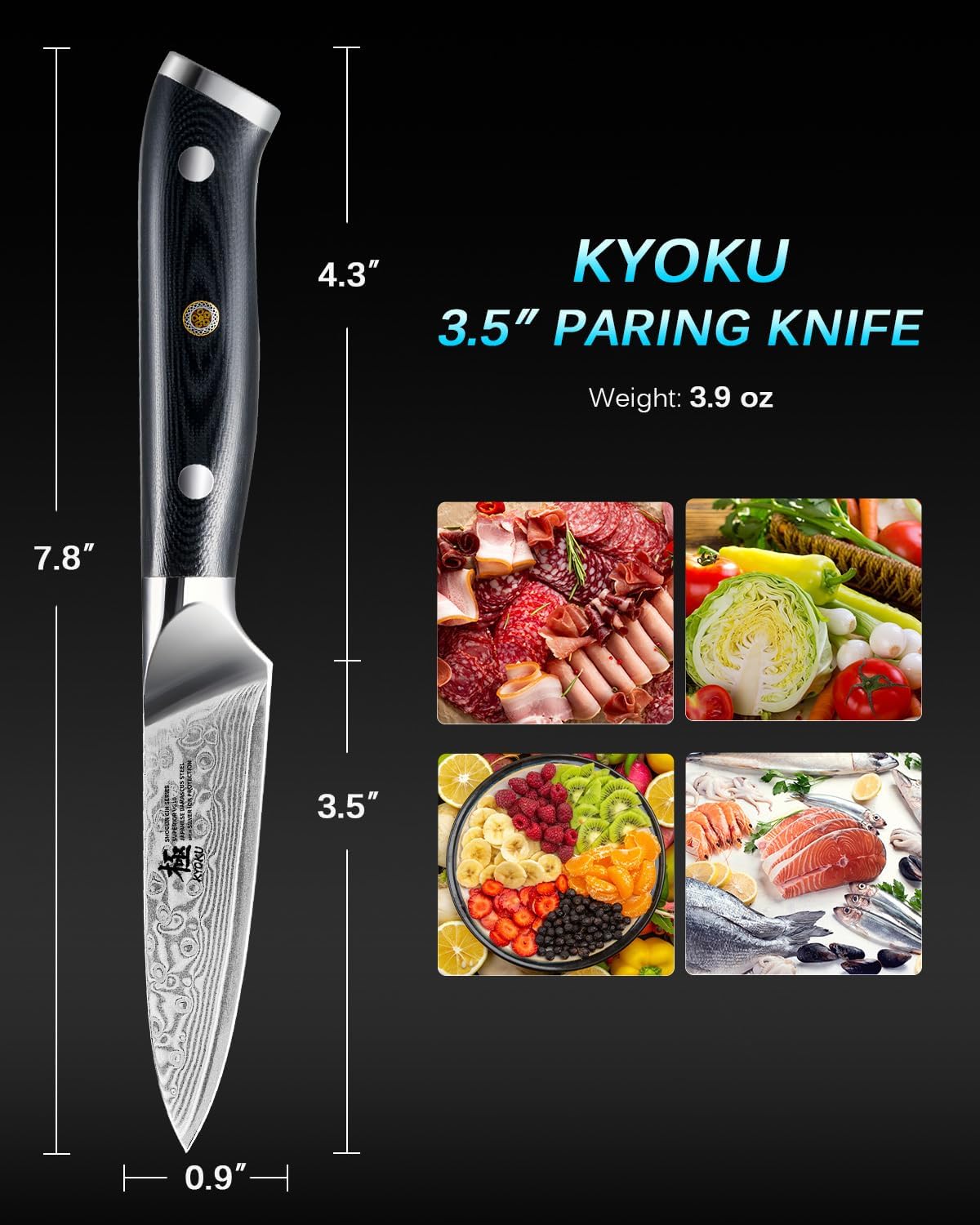 Kyoku Gin Series 3.5" Paring Knife - Japanese VG10 Damascus Stainless Steel Kitchen Knife With Silver Ion Blade, G10 Handle, Mosaic Pin - for Fruit