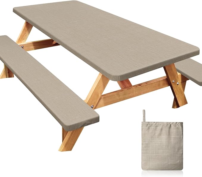 Picnic Table Cover with Bench Covers Windproof Waterproof Picnic Table Covers Camping Tablecloth with Self-Storage Bag, 72in, Light Brown