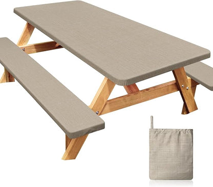Picnic Table Cover with Bench Covers Windproof Waterproof Picnic Table Covers Camping Tablecloth with Self-Storage Bag, 72in, Light Brown