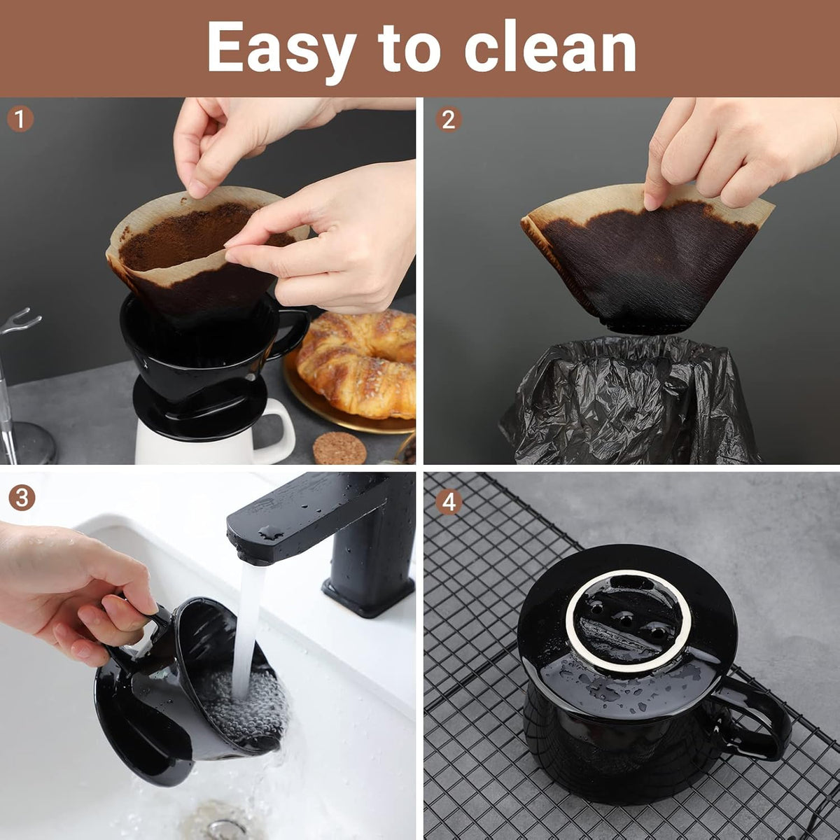 Segarty #2 Pour Over Coffee Maker, Single Cup Black Ceramic Coffee Dripper, 1 Set Size No.2 Reusable Filter Cone Drip Holder Slow Brewer with 3 Holes