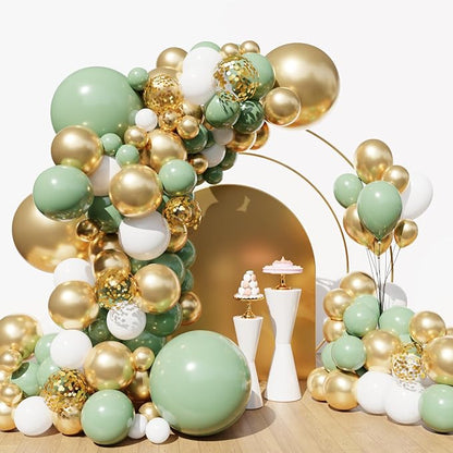 Lukiituke Sage Green and Gold Balloon Arch Kit, 134Pcs Sage Green Balloons, 4 Sizes Sage Green White and Gold Balloons for Baby Shower Wedding Bridal Birthday Party Decorations