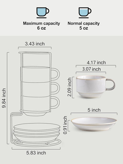 Gomakren 6 Ounce Cappuccino Cups with Saucers and Metal Stand, Stackable Coffee Cup Set of 4, Porcelain Espresso Cups for Coffee Drinks, Cappuccino, Latte, Americano, Tea, White