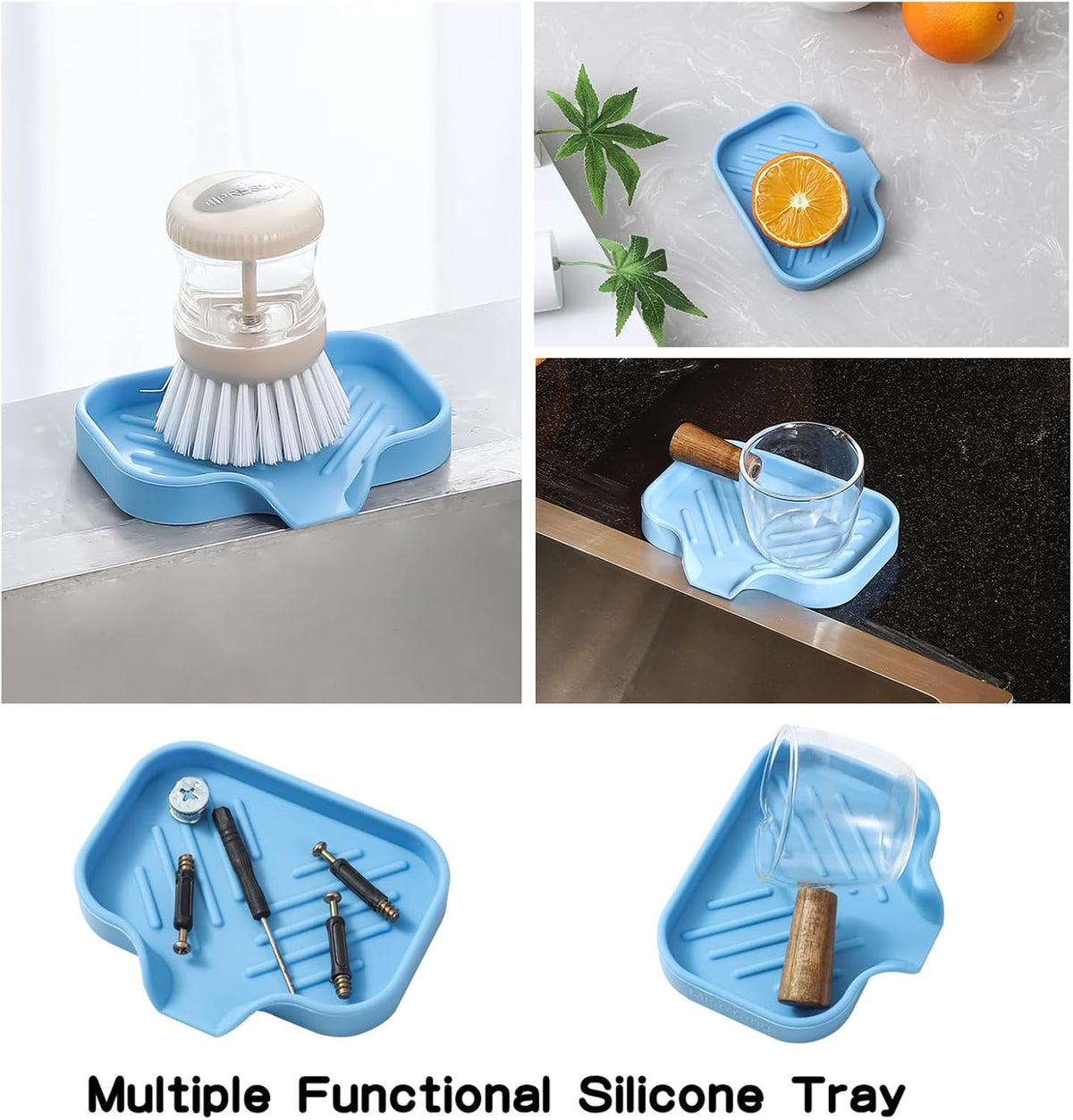 Silicone Bathroom Soap Dishes with Drain Spout-Bathroom and Kitchen Sink Organizer,Sponge Holder,Dish Soap Tray,Perfect for Dispenser,Scrubber,Bottle on Sink or Counter-Light Blue 4.9"×3.2"
