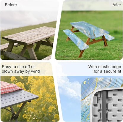 ANNA QUEEN 6FT Blue Marble Picnic Table Cover with Bench Covers Picnic Table Cover Set 3PCS 72"x30", Outdoor Bench and Tablecloth Furniture Protection