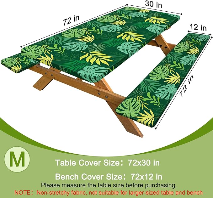 Picnic Table Cover with Bench Covers Windproof Waterproof Picnic Table Covers Camping Tablecloth with Self-Storage Bag, 72in, Green