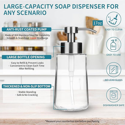 Soap Dispenser, Glass Hand Soap Dispenser with Rust Proof Pump, 16oz Liquid Soap Container with Waterproof Labels, Dish & Hand Soap Pump for Bathroom, Kitchen, Brushed Nickel, Pack of 2