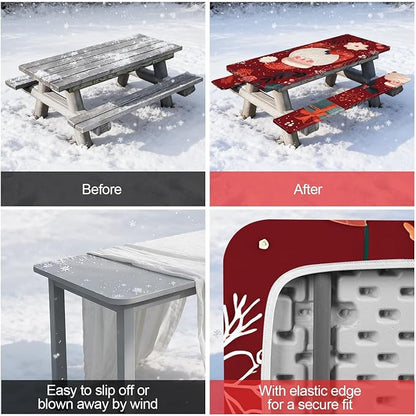 Picnic Table Cover with Bench Covers Set of 3, Elastic Fitted Tablecloth for 6 Foot Tables, Washable Polyester Tablecloths for Camping, Indoor & Outdoor