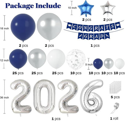 Graduation Decorations Class of 2026: Navy Blue and Silver Graduation Balloon Arch Garland Kit and Silver Confetti Balloons Congrats Grad Banner 2026 Foil Balloon