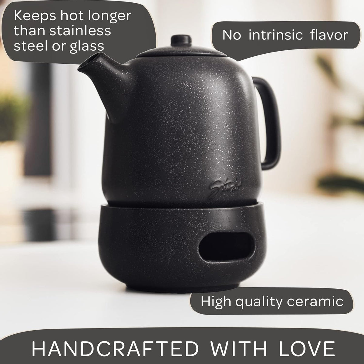 Steinzeit Design Tea Pot with Warmer (44 oz) - Premium Ceramic Teapot with Infuser for Loose Tea - Black Teapot Ceramic with Removable Steamer