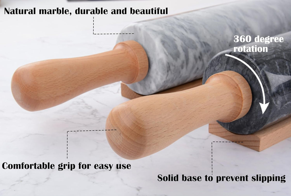 Marble Rolling Pin Set with Silicone Pastry Mat,Pastry Brush,Cooking Tongs,Stainless Steel Scraper18.5 inch Polished Non-Stick Roller for Pizza Dough