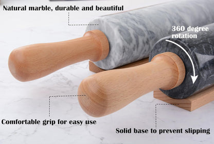Marble Rolling Pin Set with Silicone Pastry Mat,Pastry Brush,Cooking Tongs,Stainless Steel Scraper18.5 inch Polished Non-Stick Roller for Pizza Dough