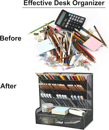 Marbrasse Mesh Pen Holder for Desk, Multi-Functional Pencil Organizer with Drawer, Desk Organizers and Accessories for Office Art Supplies (Large Black)