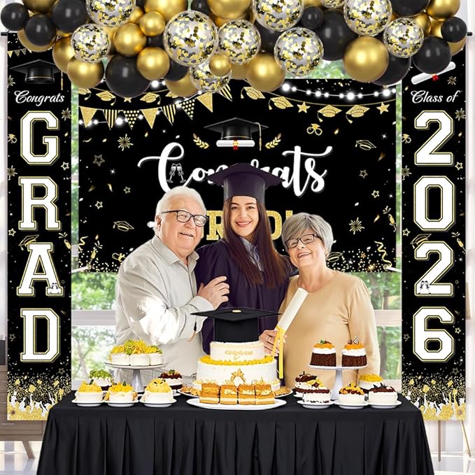 AIBIIN 60pcs Graduation Decorations Class of 2026 Black Gold Graduation Balloon Arch Kit with Congrats Grad Backdrop Class of 2026 Porch Sign Banner Congrats Grad Prom Party Decorations Supplies