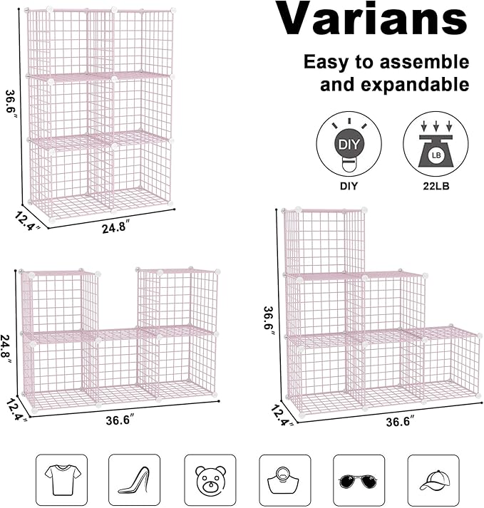 C&AHOME Wire Cube Storage, 6 - Cube Organizer Metal C Grids, Modular Shelves Units, Closet Organizer, Ideal for Home, Office, Living Room, 36.6”L x 12.4”W 36.6”H, Pink UWCS3006P