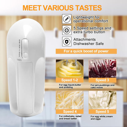5-Speed Electric Hand Mixer, 4 Large Mixing Bowls Set, Handheld Mixers with Whisks Beater