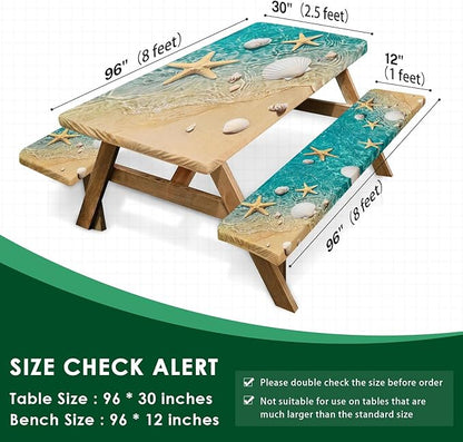 Picnic Table Cover with Bench Covers Elastic Edges, Beach Fitted Table Cover, Outdoor Patio Camping Essentials 96 Inch 3PCS, Waterproof Camping Fitted Tablecloth with Drawstring Bag
