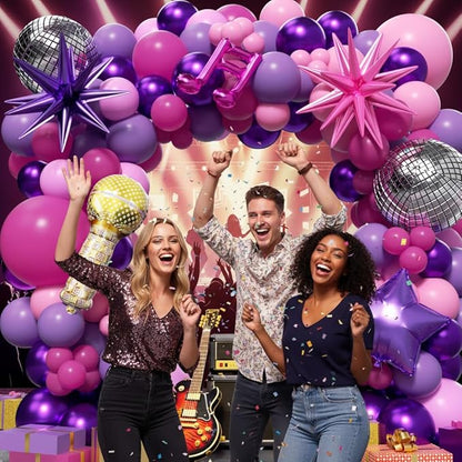 K-Pop Music themed Birthday Decorations 160Pcs, Hot Pink Metallic Purple Balloon Garland Arch Kit with Disco Notes Star Foil Balloons for Girls Fans Birthday Grad Prom Princess Party Decor