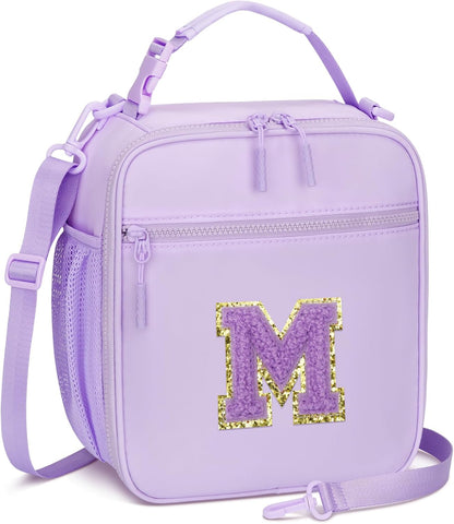 Initial Insulated Lunch Bag for Girls Kids, Back to School Gift, Reusable Leak-proof Lunch Box with Adjustable Strap for School Daycare Travel Picnic (Purple,M)