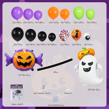 DBKL 159Pcs Halloween Balloons Garland Arch Kit, Ghost Pumpkin Foil Balloons with Black Orange Purple Fruit Green Confetti Balloon for Halloween Party Decorations