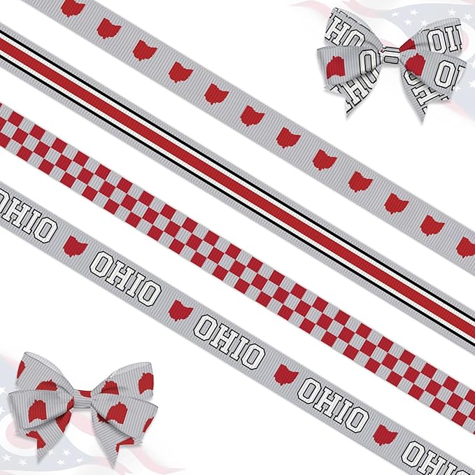 4 PCS Ohio State Ribbons for Crafting, 3/8" Width Red White Grosgrain Ribbons Buffalo Plaid Ribbon The Love of Ohio Craft Ribbons for Gift Wrapping DIY Sports Birthday Decorations-20 Yards