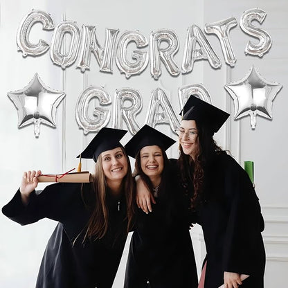 16 Inch Silver Congrats Grad Banner Balloons Congrats Grad Letters Balloons Graduation Decorations 2026 for Graduation Celebration Party Supplies