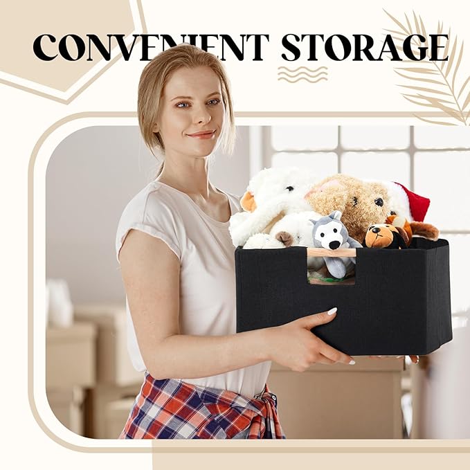 Cinnvoice 3 Pack Fabric Storage Bins for Closet Shelves, Rectangle Wardrobe Organizer with Handle, Collapsible Shelves Storage Basket for Sorting Clothes and Toy (Black,15 x 10.6 x 6 Inch)