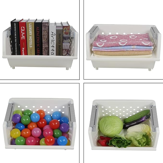 3-Pack Plastic Stackable Storage Basket, White Stacking Organizer Basket