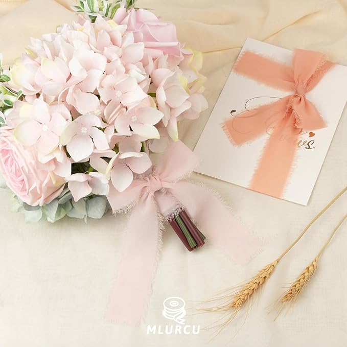 Dusty Rose Chiffon Ribbon 1.5 Inch x 21Yds Handmade Fringe Chiffon Silk Ribbon Brown/Peach/Pink Frayed Chiffon Ribbon for Wedding Invitation Flower Bouquets Bridal Shower Gift Wrapping