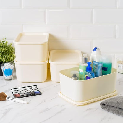 IRIS USA 7 Qt. Plastic Basket Storage Bins with Lids, Small, 4-Pack, Stackable Lidded Storage Organizer Bins for Kitchen, Bathroom and Bedroom, Off White