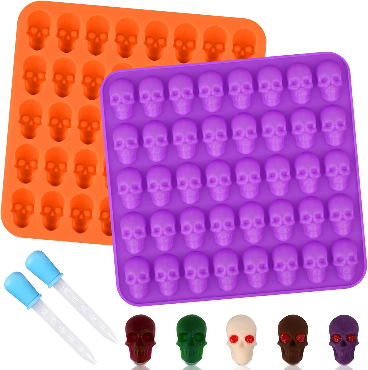 Sakolla 2 Pack Gummy Skull Candy Silicone Molds 40 Cavity Silicone Skull Molds with 2 Droppers for Halloween Chocolate, Candy,Jelly, Wax Melt