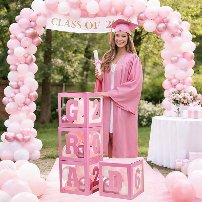 2026 Graduation Decorations - 4Pcs Pink Balloon Boxes with Letters 2026&Grad for Preschool Kindergarten Middle High School College Graduation Party Decorations Class of 2026