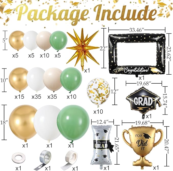 146Pcs Sage Green Gold White Graduation Balloon Garland Arch Kit,with Explosion Star,Diploma,Trophy,Grad Hat,Photo Frame Foil Balloon for Congrats Class of 2026 Graduates Celebration Party Decoration