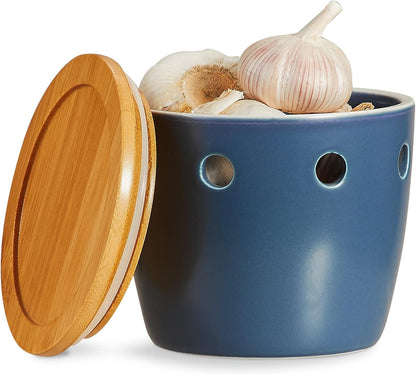ONEMORE Large Garlic Keeper with Lid, Ceramic Garlic Saver 5 inch, Garlic Keeper for Counter, Blue