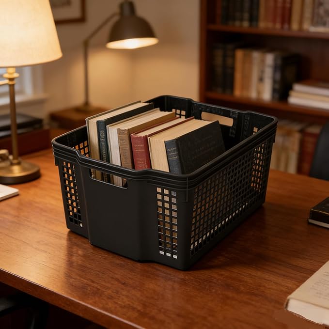 6-Pack Large Plastic Deep Stacking Baskets, Black Storage Baskets, Multi-Purpose, Ideal for Closets, Cabinets, Shelves, Countertops