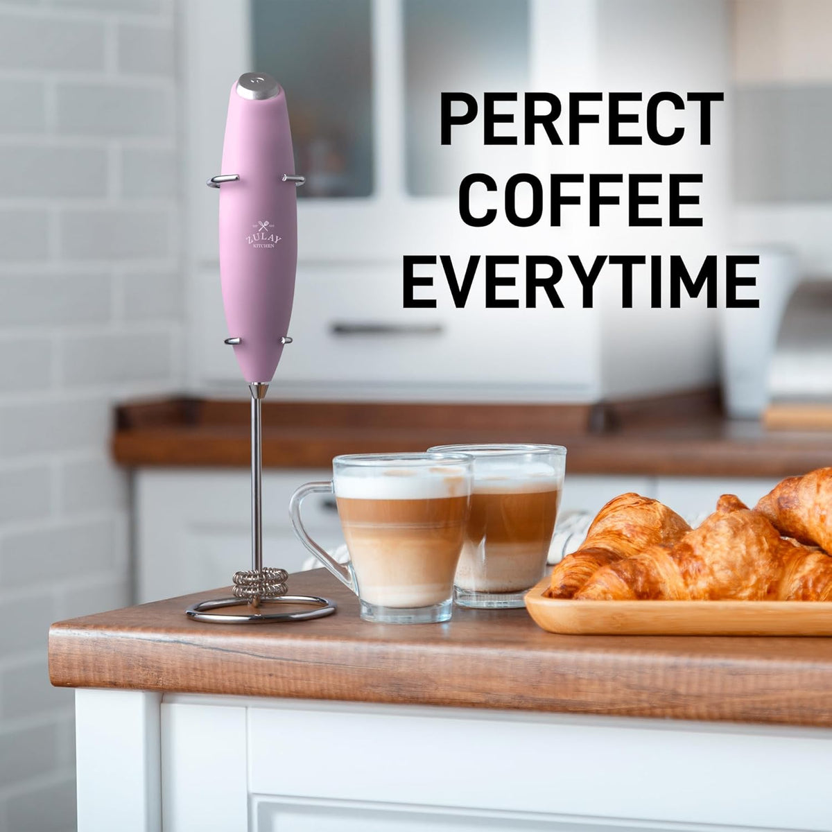 Zulay Kitchen Powerful Double Whisk Milk Frother Handheld - Foam Maker With Stand - Whisk Drink Mixer for Coffee, Mini Foamer for Latte, Matcha, Frappe, Hot Chocolate & Cappuccino - Pink