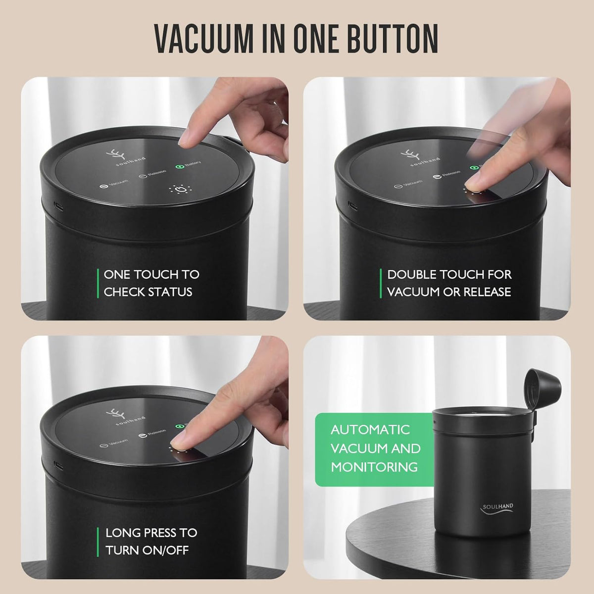 SOUL HAND Automatic Vacuum Coffee Canister for Coffee & Food Storage Airtight Sealed Coffee Storage Container, Stainless Steel Food Storage Containers for Coffee Beans - 1.2 L
