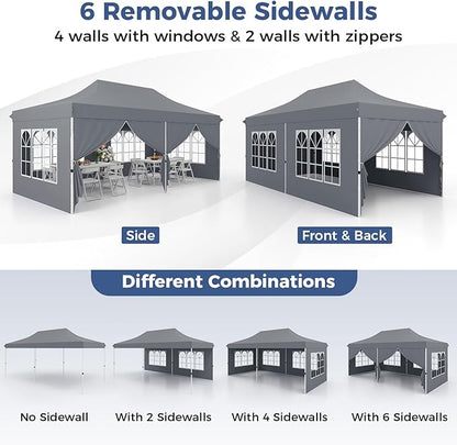 Tangkula 10x20 Ft Pop Up Canopy, UPF 50+ Portable Outdoor Canopy Tent with with 6 Removable Sidewalls, 6 Sandbags, 2 Zippered Door, Windows, Carrying Bag for Party, Wedding, Backyard