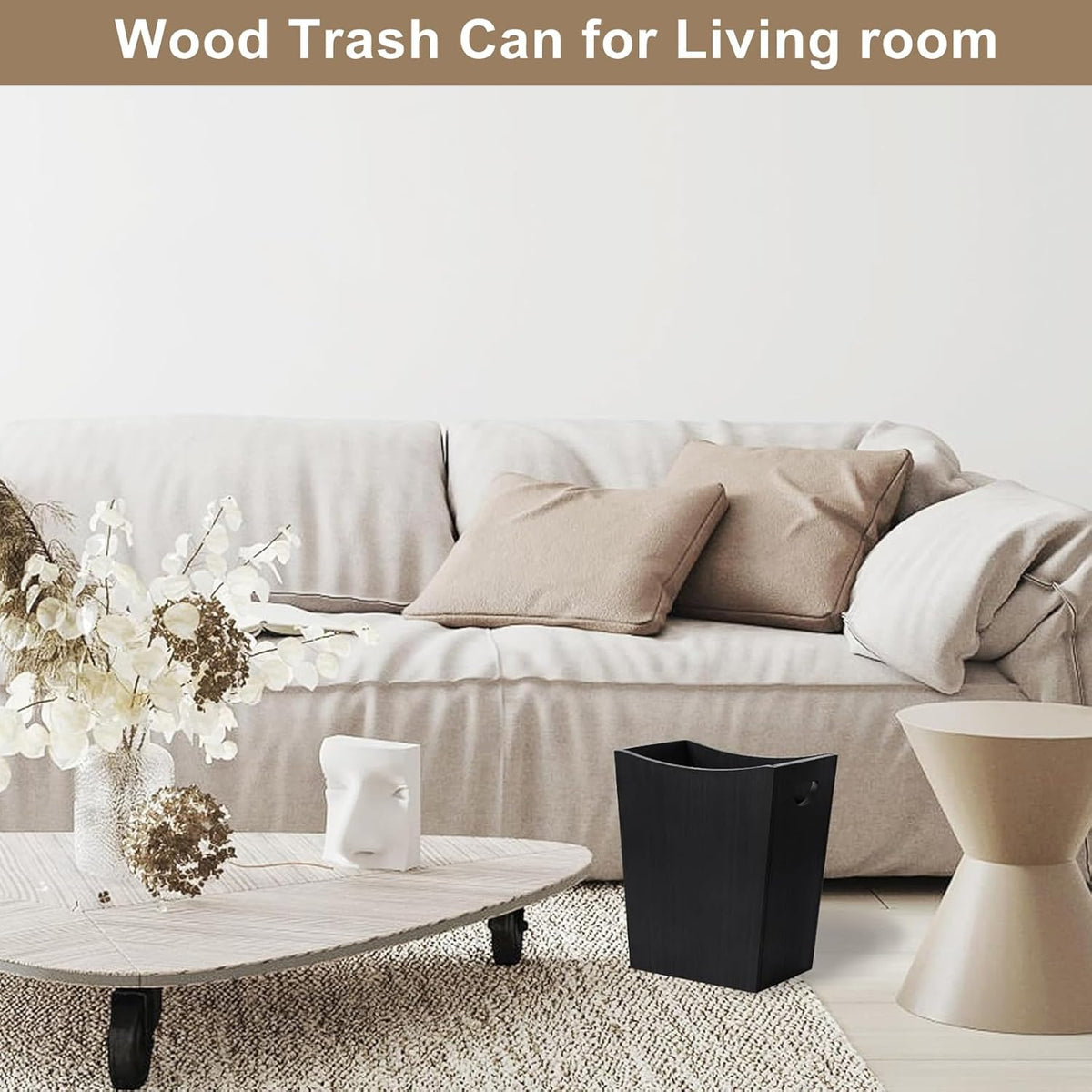 SEHERTIWY Wood Trash Can, Farmhouse Wastebasket Bin for Bathroom, Office, Bedroom, Living Room, Small Square Rustic Garbage Container (Wood-Black)