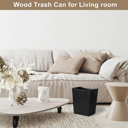 SEHERTIWY Wood Trash Can, Farmhouse Wastebasket Bin for Bathroom, Office, Bedroom, Living Room, Small Square Rustic Garbage Container (Wood-Black)