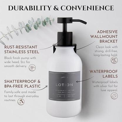 Shower Shampoo Dispenser Wall Mounted – 3 Refillable 16.9 oz White Bottles with Stainless Steel Pumps & No-Drill Adhesive Holders – Soap Dispenser Set for Bathroom (3 X White/Black)
