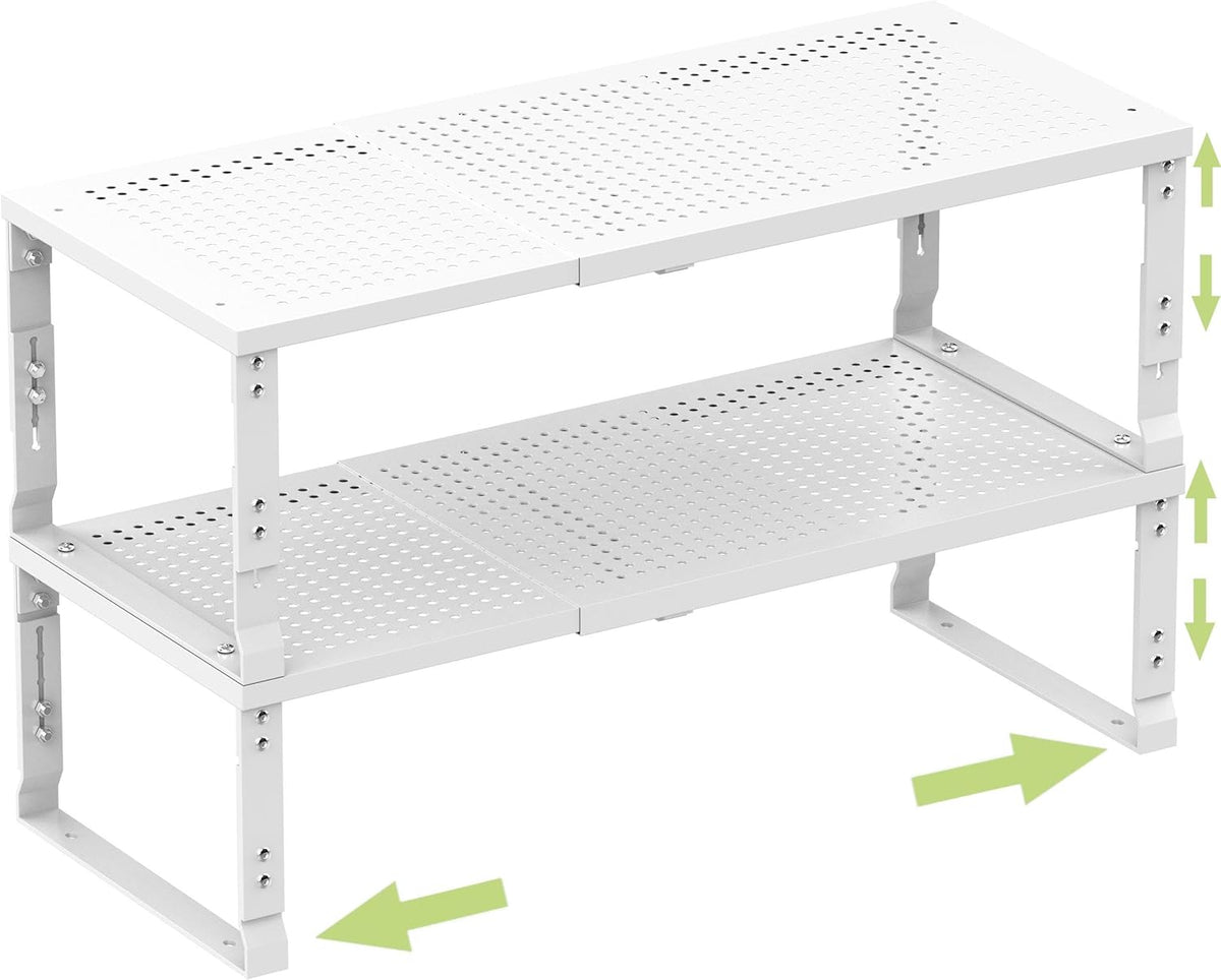 Heavy-Duty Adjustable Metal Shelf Organizer - Expandable & Stackable Pantry Storage Rack for Kitchen, Bathroom, RV, Cabinets(2 Packs/White, Large)