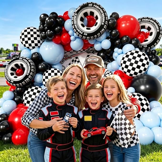 Car Balloon Arch Garland Kit 200pcs, Checkered Wheel Tire Black Red Blue Balloons Arch Kit for Racing Car Two Fast Theme Boy Birthday Anniversary Party Decorations