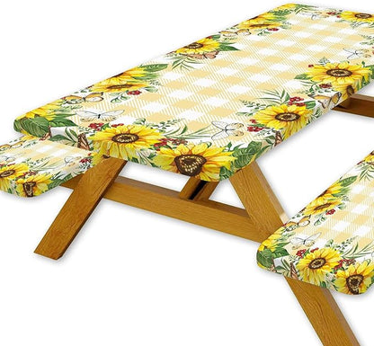 Sunflower Picnic Table Cover with Bench Covers, Fall Yellow Buffalo Plaid Summer Floral Farmhouse Waterproof Tablecloth for Camping Indoor Outdoor Party Decorations, 30X60in