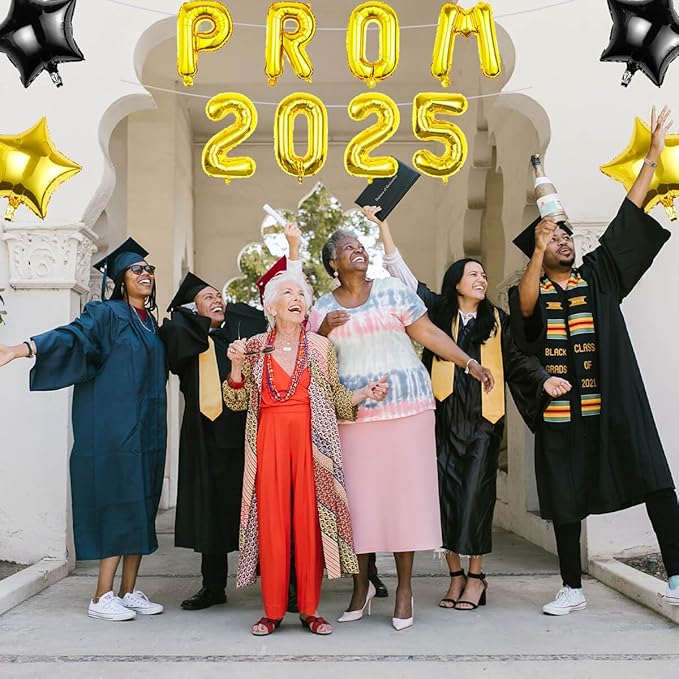 Prom 2026 Balloons Decorations, 16 Inch Foil Letter Number Balloons with 18 Inch Black Gold Star Balloons for High School College Graduation Gift Retirement Ins Photo Party Supplies