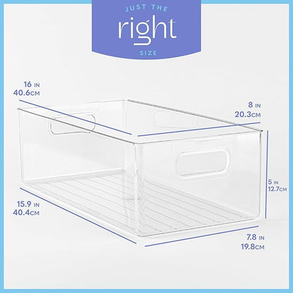 Plastic Food Storage 8 Pack Clear Container Bin with Handles for Organizing Kitchen, Pantry, Refrigerator, Freezer, Pantry, Cabinet, Closet, Bathroom. 16”x8”x5”